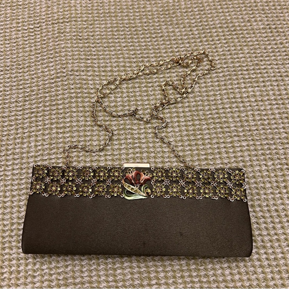 Vintage Fleur de Paris New Orleans evening purse w/hidden chain olive green